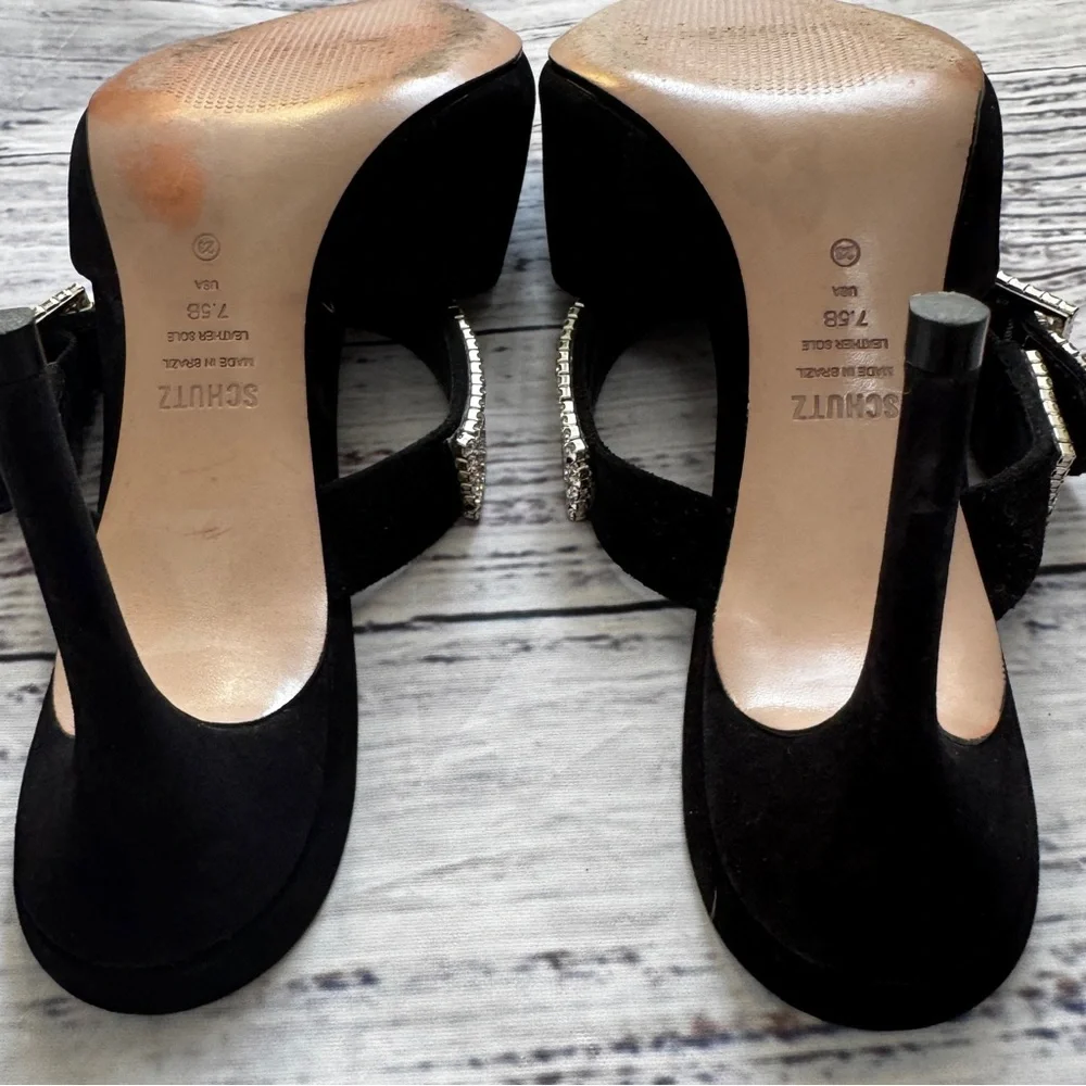 Schutz Tishara Rhinestone Buckle Mule Heels Black Suede Pointed Toe Size 7.5 - Picture 4 of 7